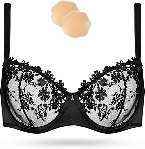 See Through Underwire Demi Sheer Bralette Bra Black