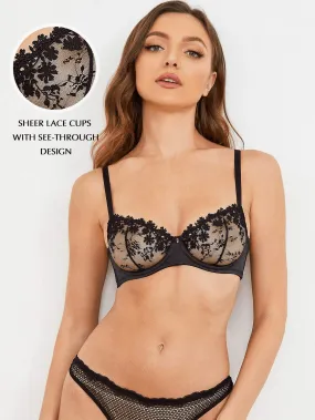 See Through Underwire Demi Sheer Bralette Bra Black