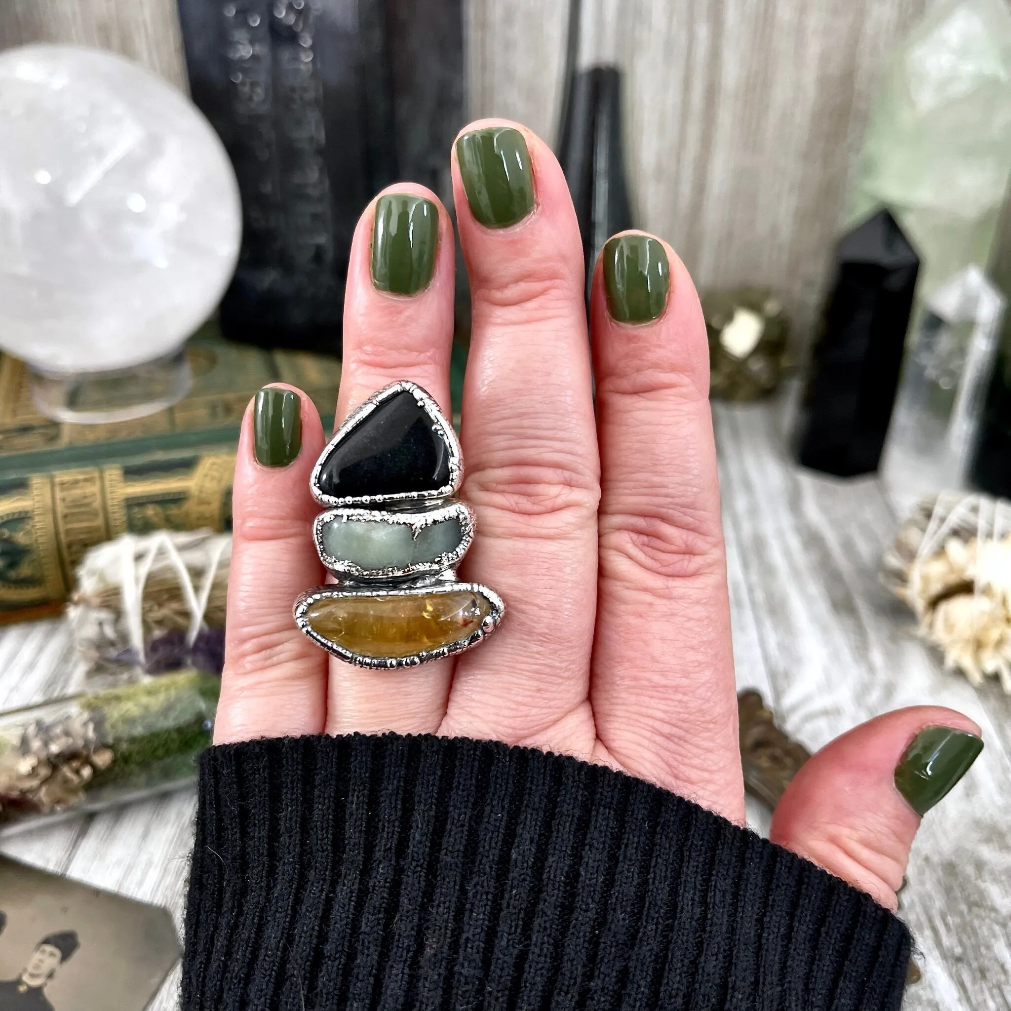 Size 6.5 Crystal Ring - Three Stone Black Onyx Aventurine Citrine Ring in Sliver / Foxlark Collection - One of a Kind