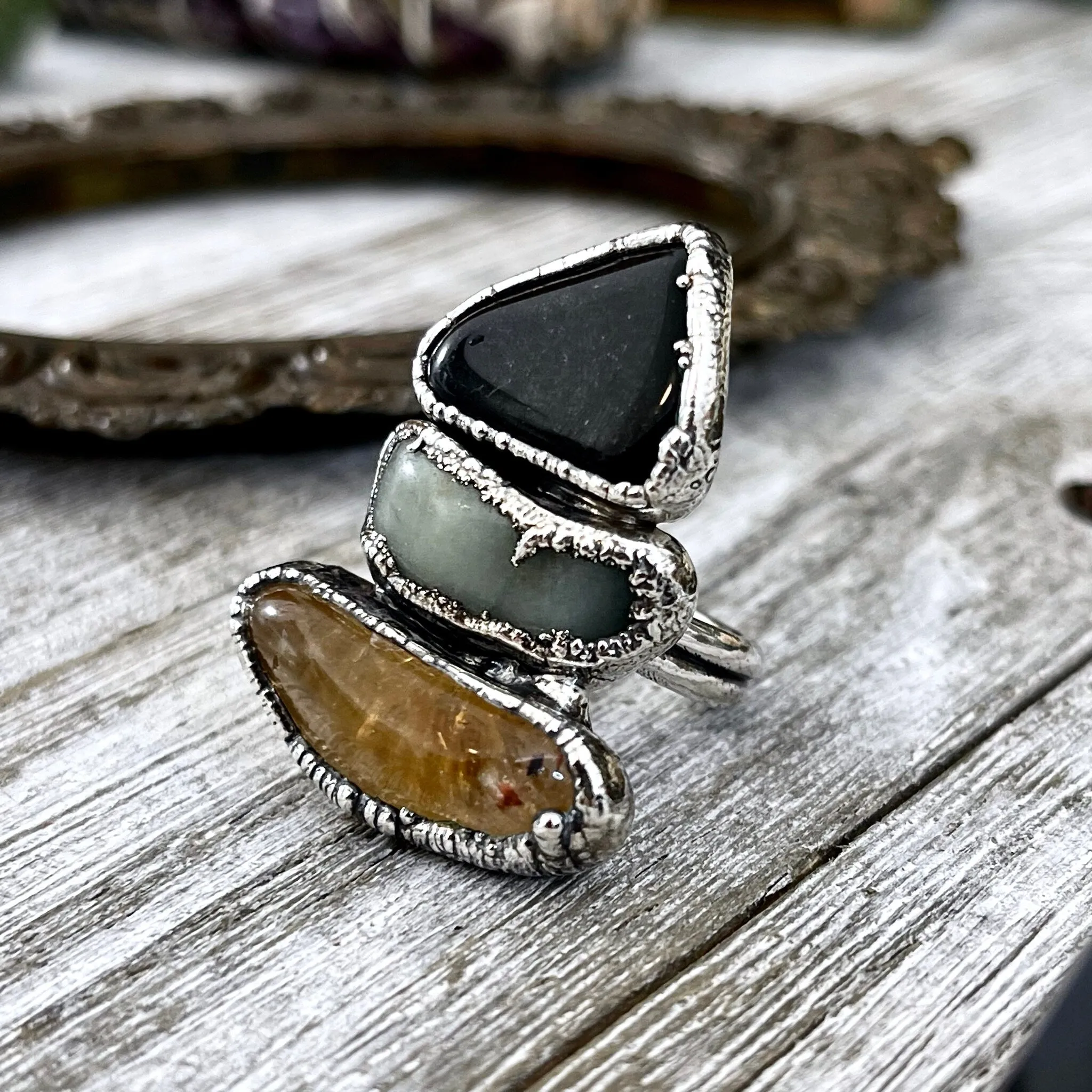 Size 6.5 Crystal Ring - Three Stone Black Onyx Aventurine Citrine Ring in Sliver / Foxlark Collection - One of a Kind