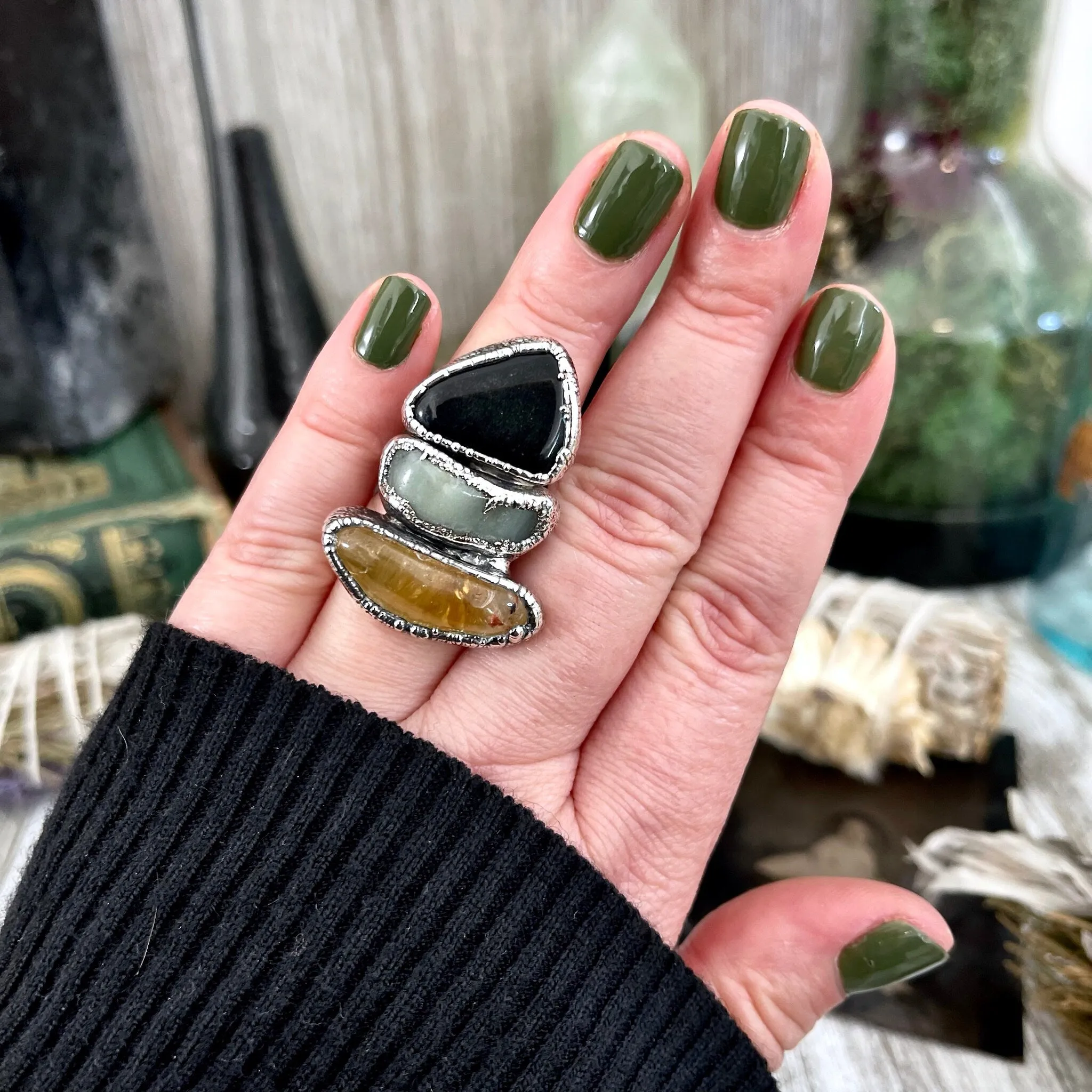 Size 6.5 Crystal Ring - Three Stone Black Onyx Aventurine Citrine Ring in Sliver / Foxlark Collection - One of a Kind