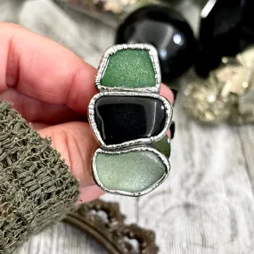 Size 7.5 Crystal Ring - Three Stone Ring Sea Glass Black Onyx Ring Silver / Foxlark Collection - One of a Kind