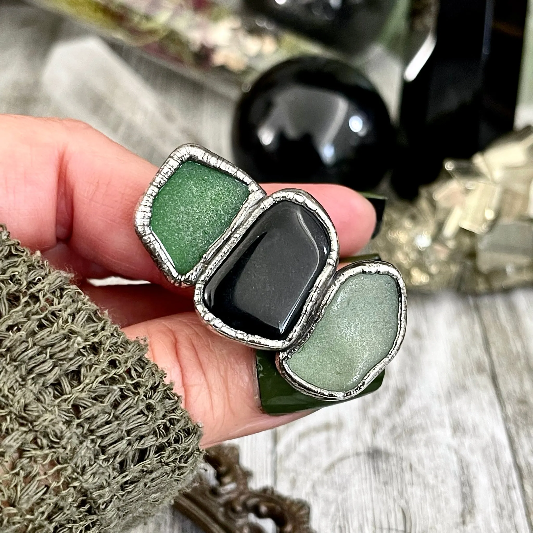 Size 7.5 Crystal Ring - Three Stone Ring Sea Glass Black Onyx Ring Silver / Foxlark Collection - One of a Kind