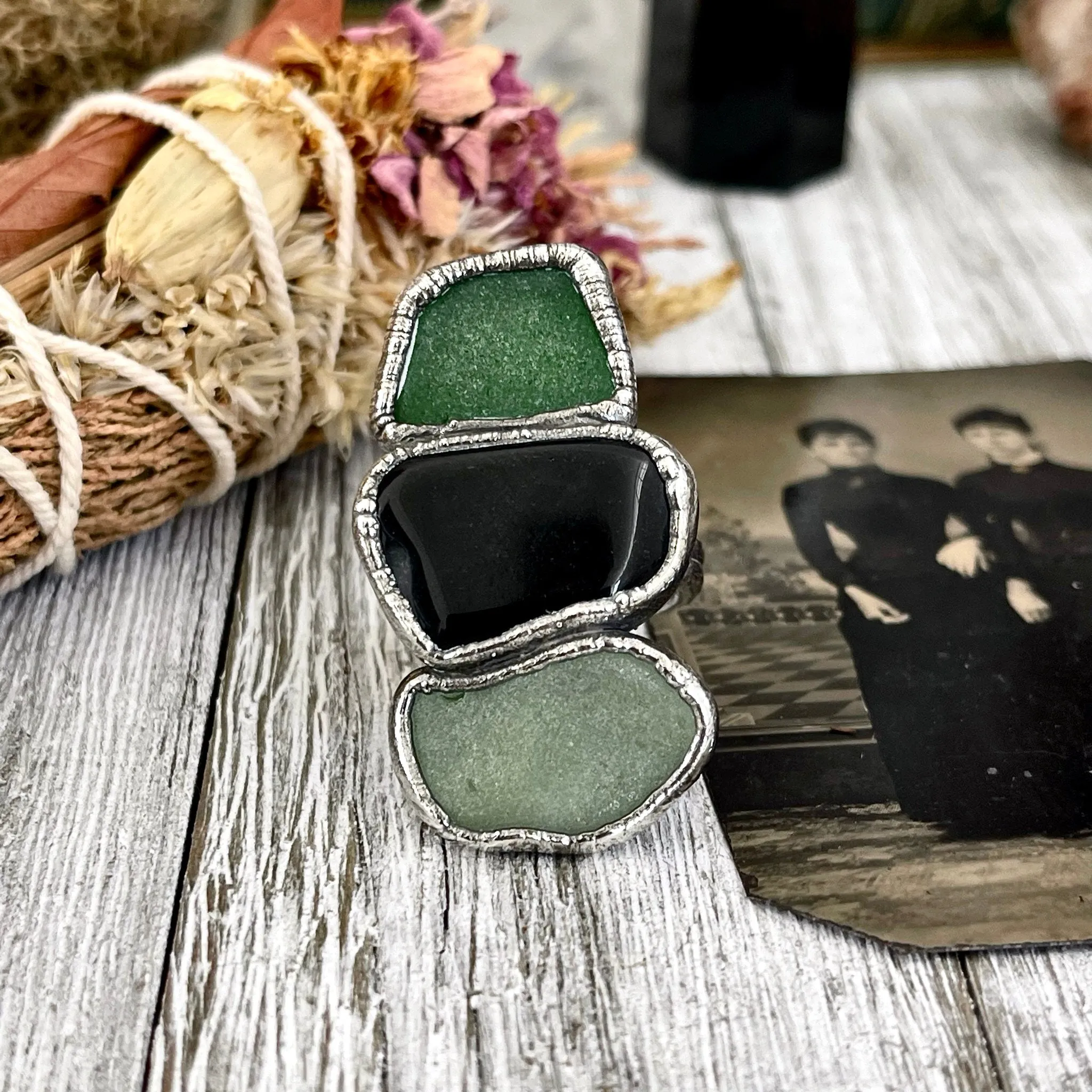 Size 7.5 Crystal Ring - Three Stone Ring Sea Glass Black Onyx Ring Silver / Foxlark Collection - One of a Kind