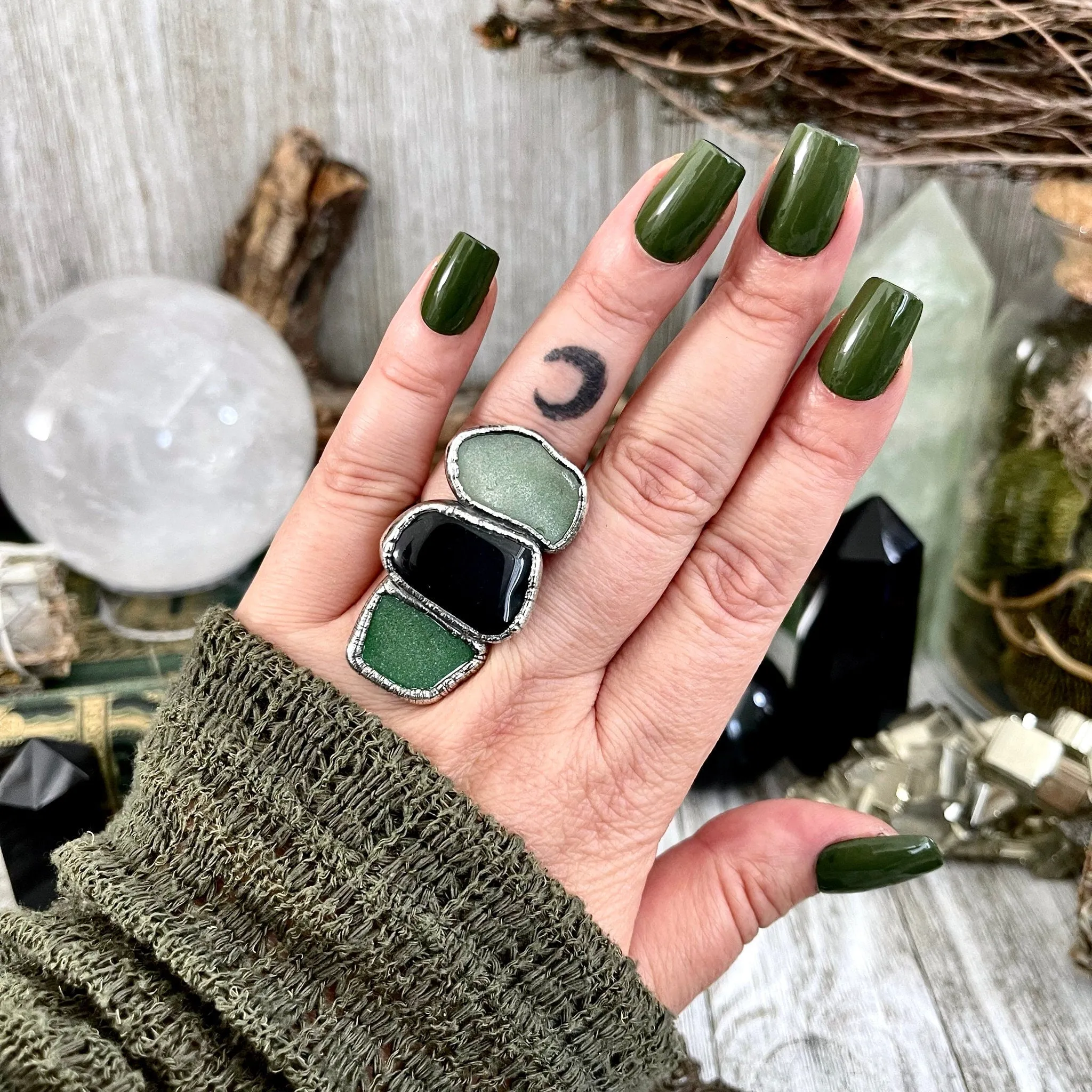 Size 7.5 Crystal Ring - Three Stone Ring Sea Glass Black Onyx Ring Silver / Foxlark Collection - One of a Kind