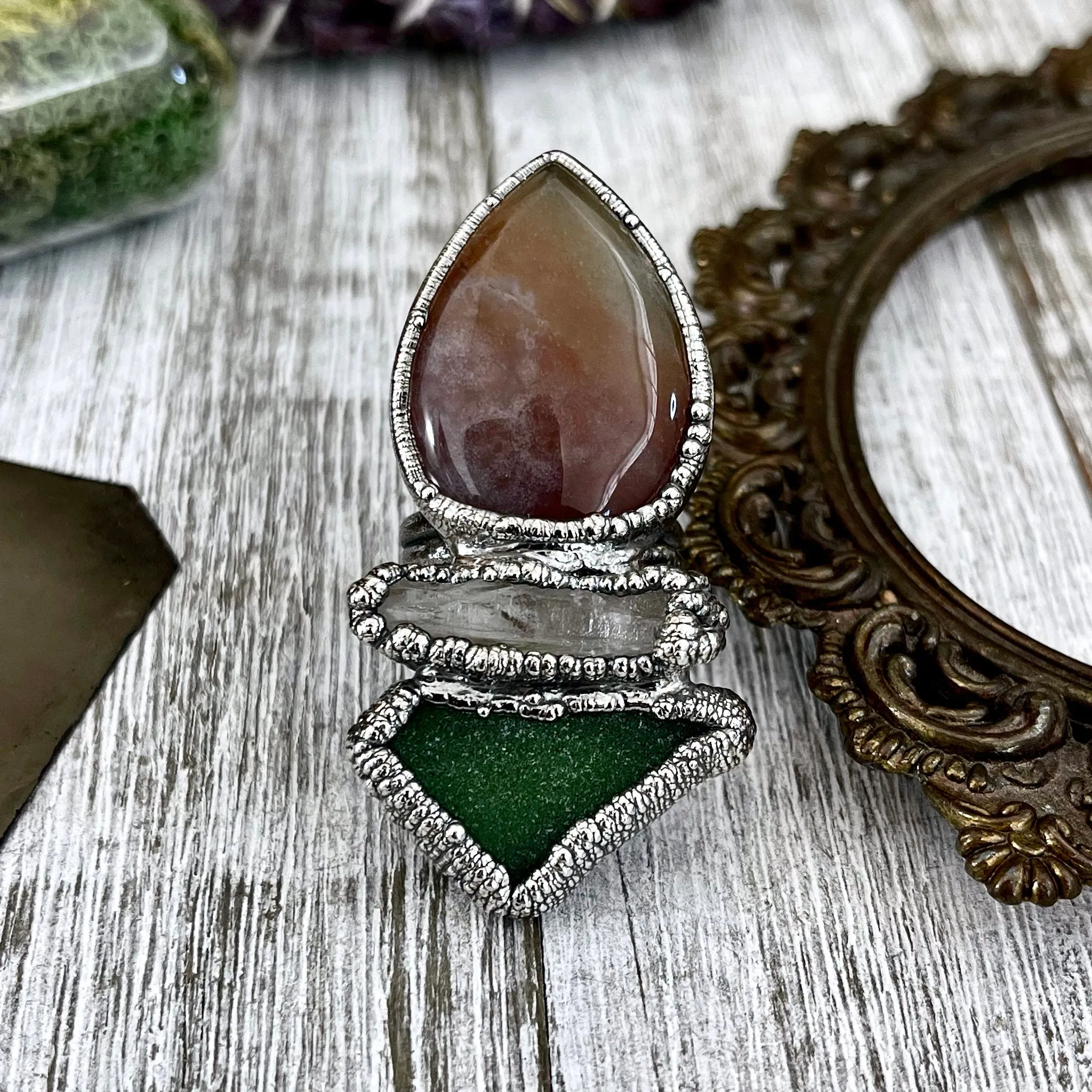 Size 8.5 Crystal Ring - Three Stone Ring Sea Glass Fancy Moss Agate Raw Quartz Ring Silver / Foxlark Collection - One of a Kind Jewelry