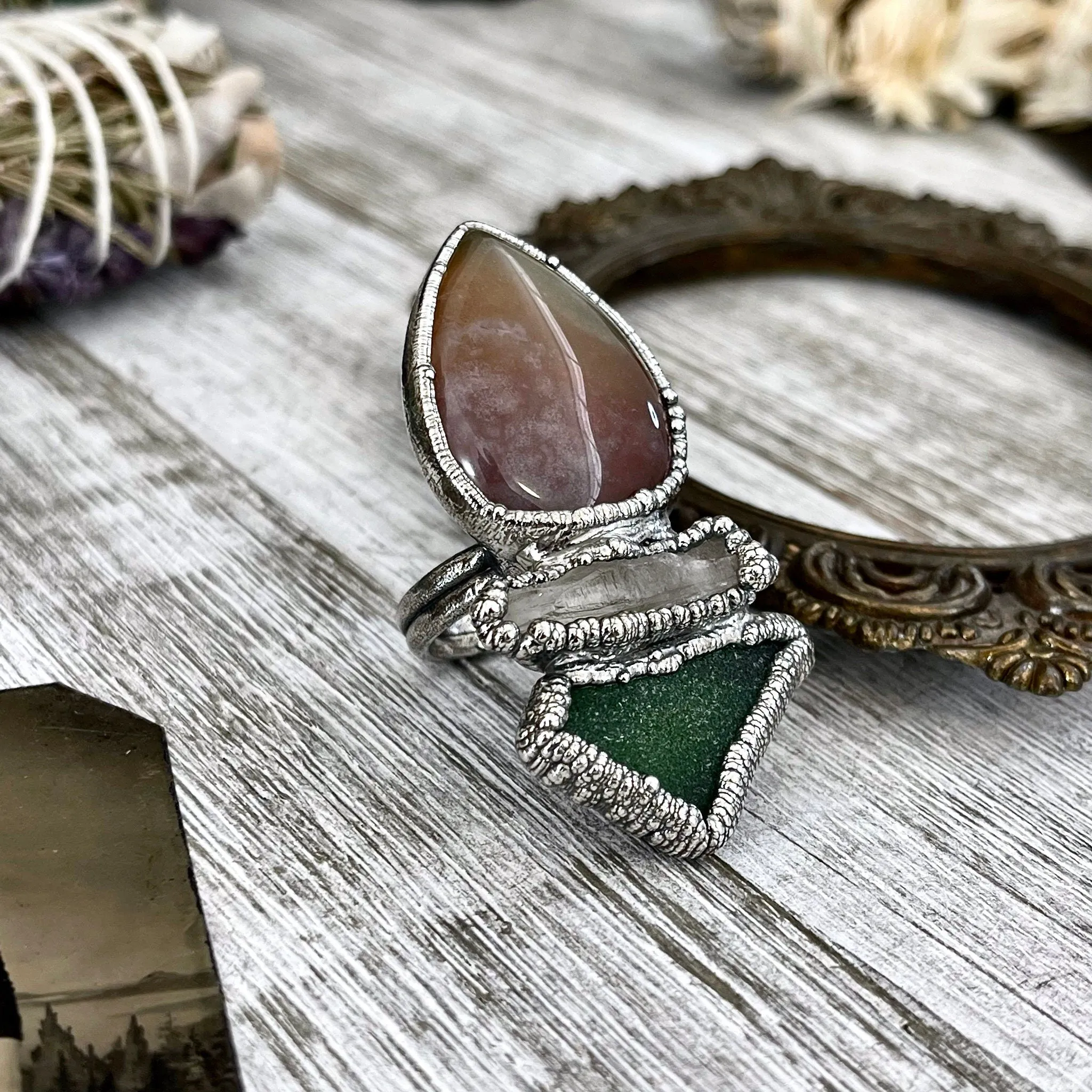 Size 8.5 Crystal Ring - Three Stone Ring Sea Glass Fancy Moss Agate Raw Quartz Ring Silver / Foxlark Collection - One of a Kind Jewelry