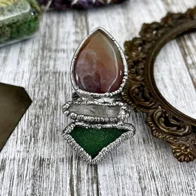 Size 8.5 Crystal Ring - Three Stone Ring Sea Glass Fancy Moss Agate Raw Quartz Ring Silver / Foxlark Collection - One of a Kind Jewelry