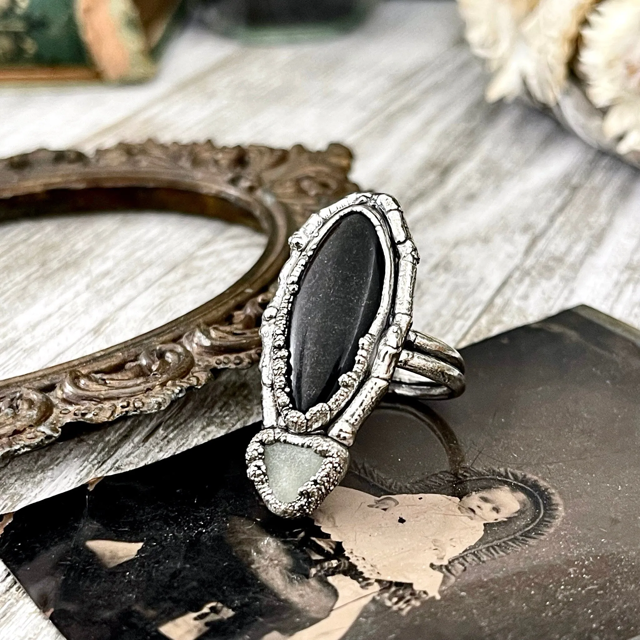 Sticks and Stones Collection- Size 8.5 Black Onyx Green Sea & Glass Statement Ring in Fine Silver // Punk Ring Goth Witchy Gemstone Jewelry