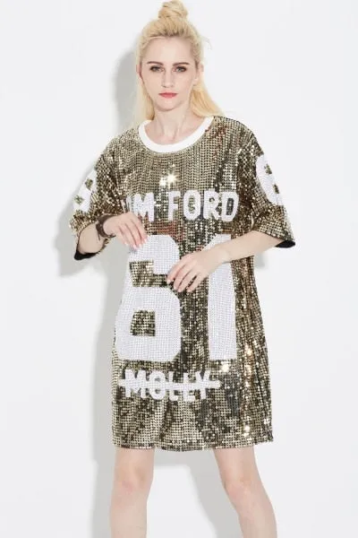 Summer Glitter Club Dance Costumes Mini Sequin T Shirt Dress Streetwear Oversized Loose Causal 61 Letter Graphic Shift Dress