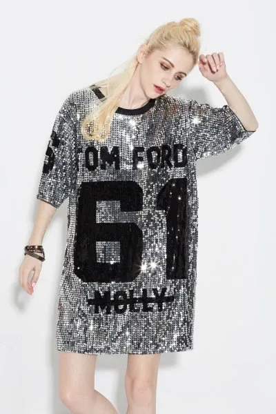 Summer Glitter Club Dance Costumes Mini Sequin T Shirt Dress Streetwear Oversized Loose Causal 61 Letter Graphic Shift Dress