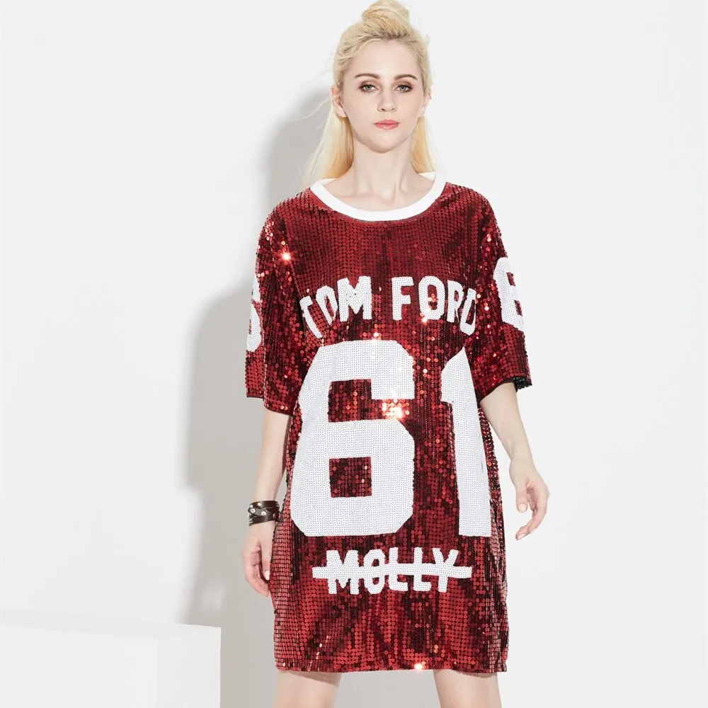 Summer Glitter Club Dance Costumes Mini Sequin T Shirt Dress Streetwear Oversized Loose Causal 61 Letter Graphic Shift Dress