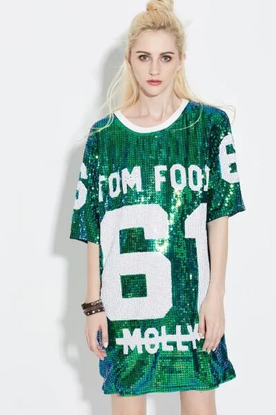 Summer Glitter Club Dance Costumes Mini Sequin T Shirt Dress Streetwear Oversized Loose Causal 61 Letter Graphic Shift Dress