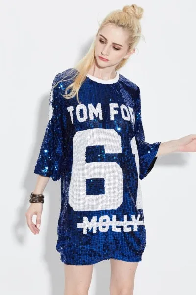 Summer Glitter Club Dance Costumes Mini Sequin T Shirt Dress Streetwear Oversized Loose Causal 61 Letter Graphic Shift Dress