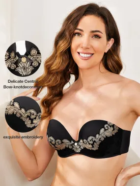 Underwire Push Up Cross-shoulder Straps Embroidery Bra Black