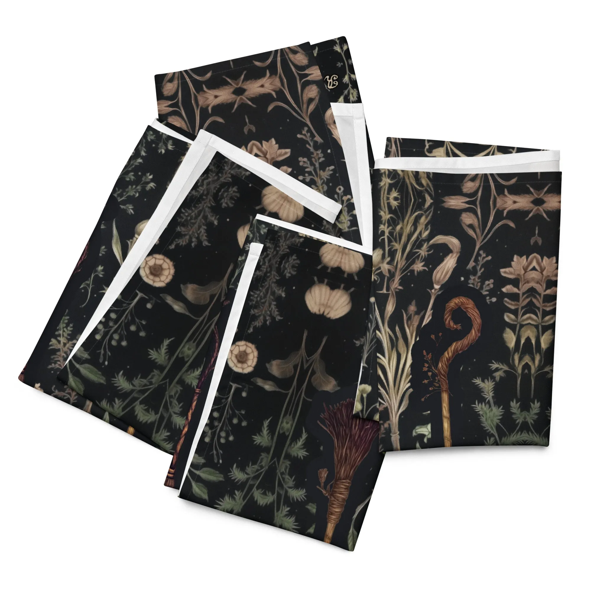 Witches' Broomsticks Cloth Napkins Set of 4 - Botanical Dark Academia Home Decor - Pagan Witchy Gothic Kitchen Table Setup - Goth Gifts